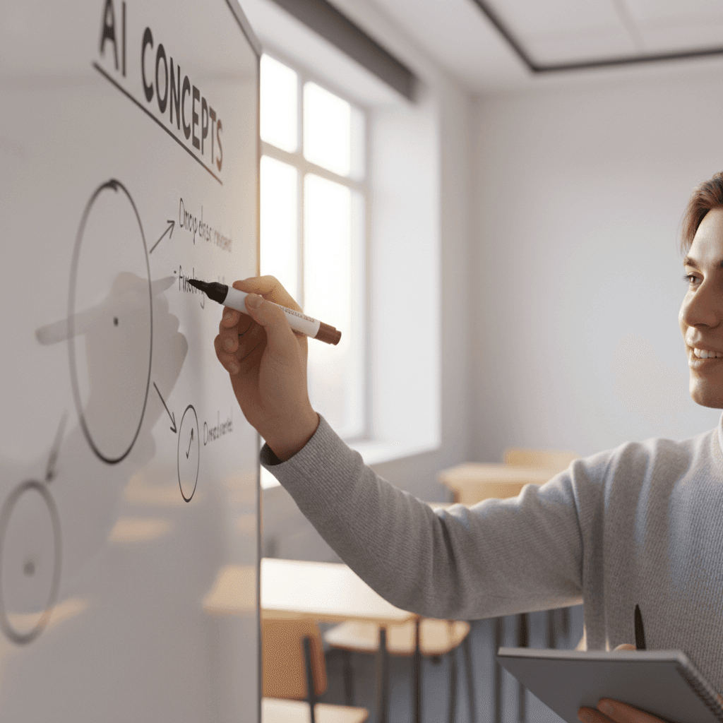 Person writing AI concepts on whiteboard during workshop