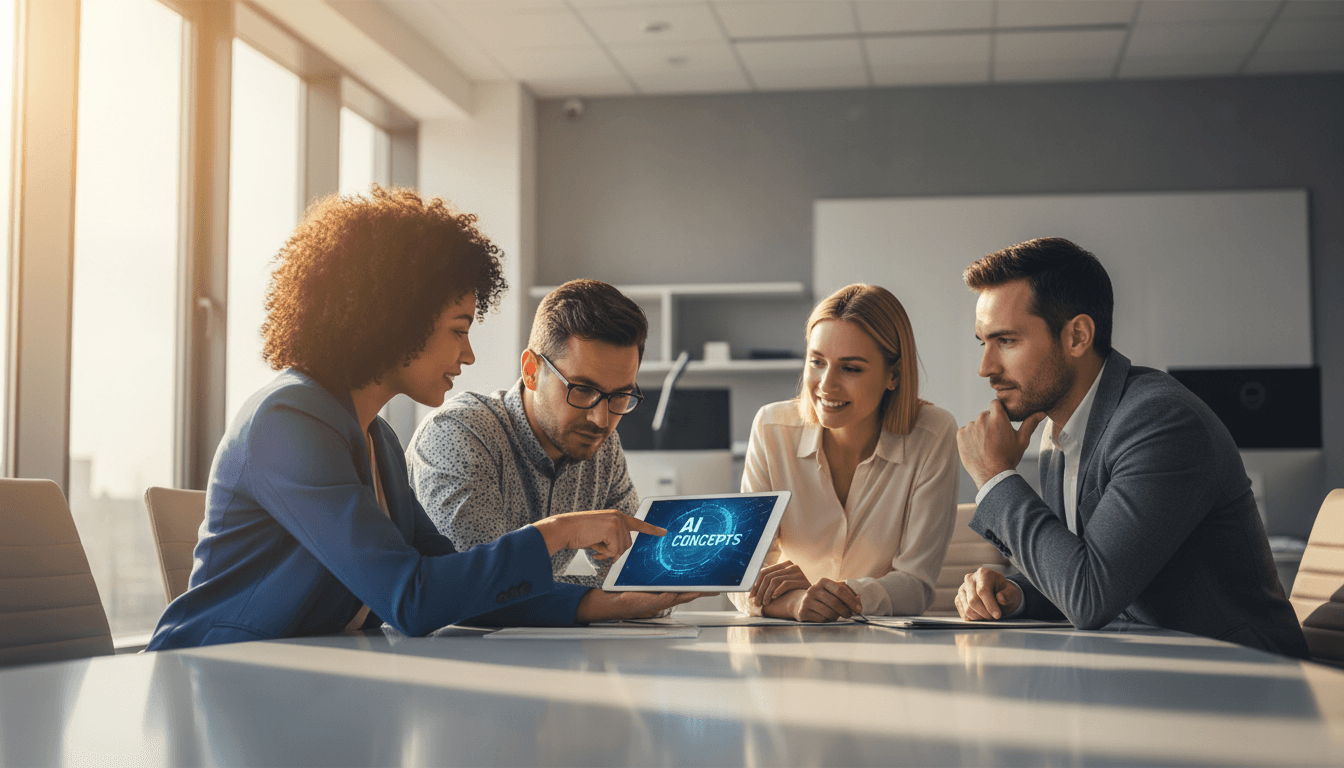 Business team learning about AI together in a modern office setting