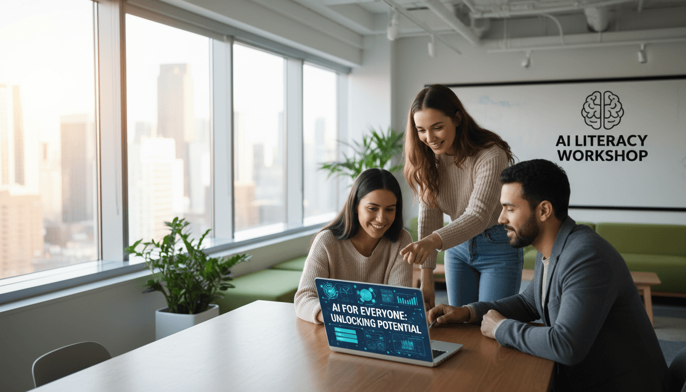 Three diverse people discussing AI concepts around a laptop in a bright office.