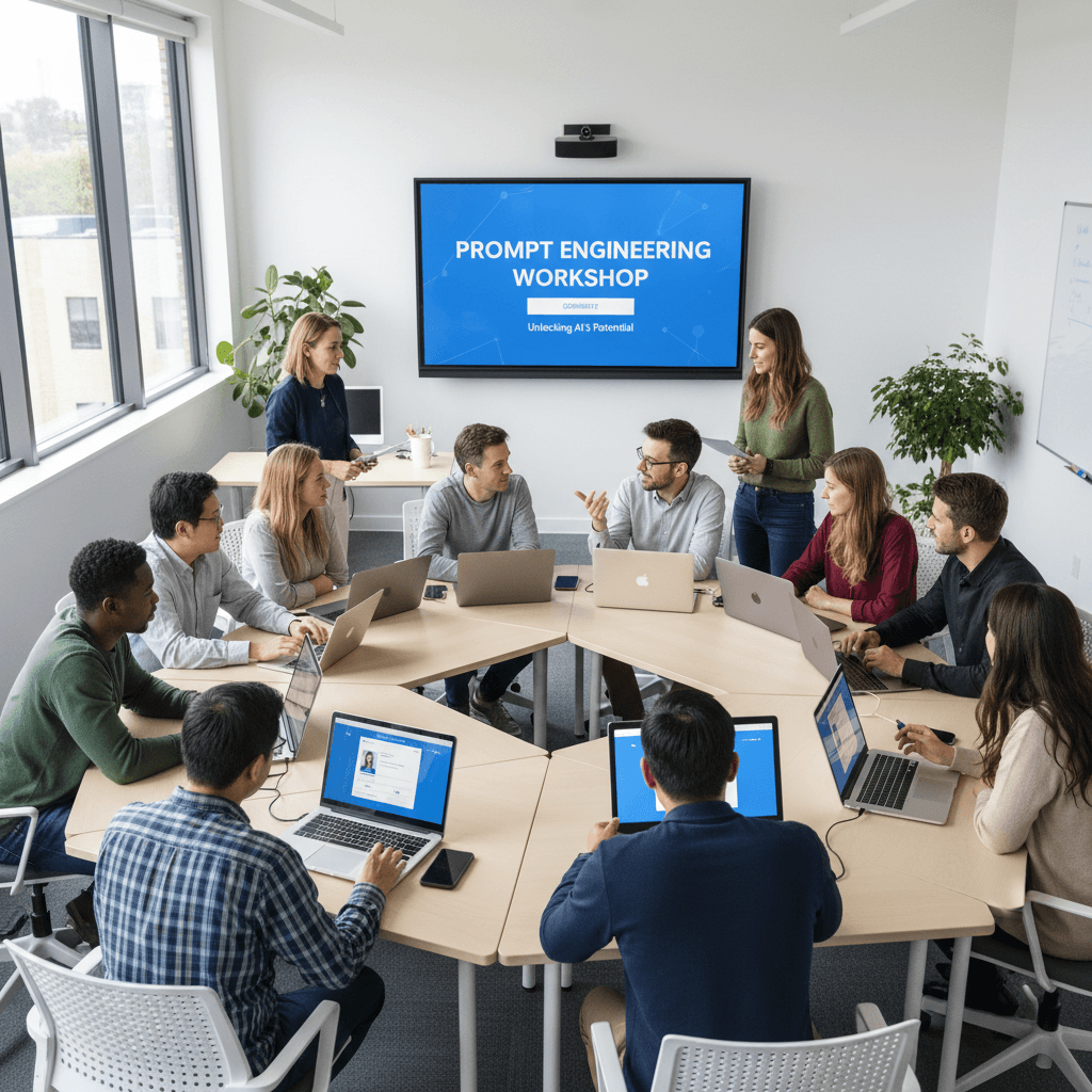 Diverse group learning prompt engineering in a bright, modern classroom