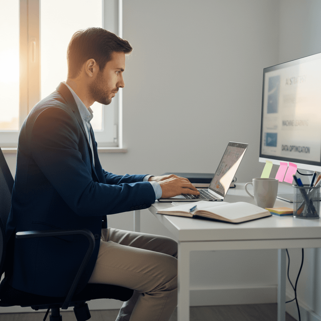 Professional applying AI concepts to real work tasks at their desk