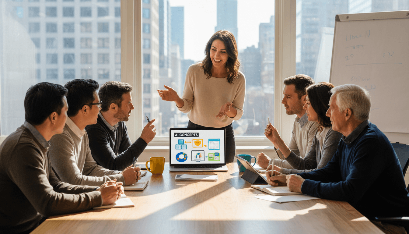 Diverse group of non-technical professionals learning AI concepts together in an interactive workshop setting