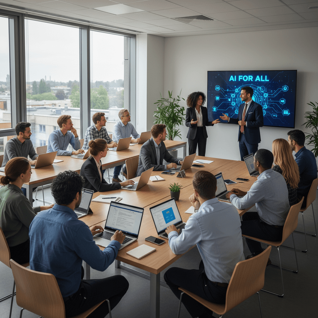 Adults engaged in an AI literacy workshop with tech founder and attorney in a modern classroom.