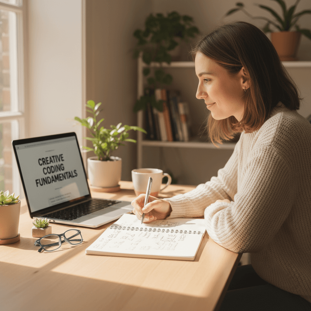 Individual learning AI concepts at a desk with laptop and notebook