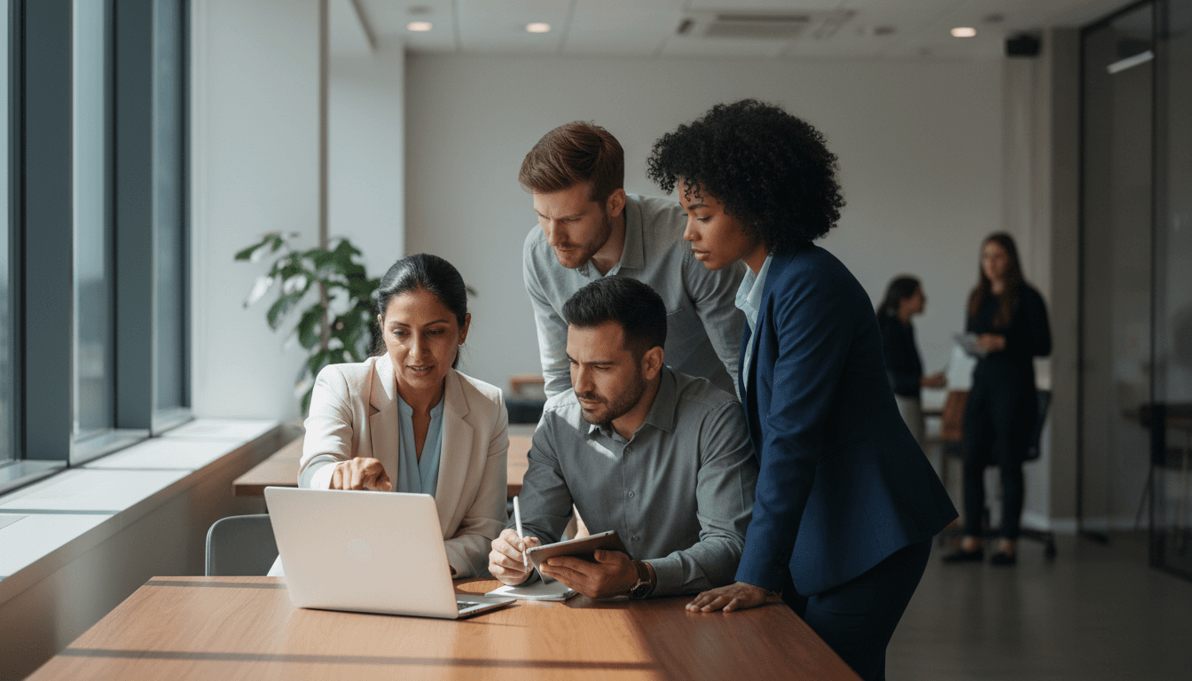 Diverse business professionals collaborating around a laptop in a modern office
