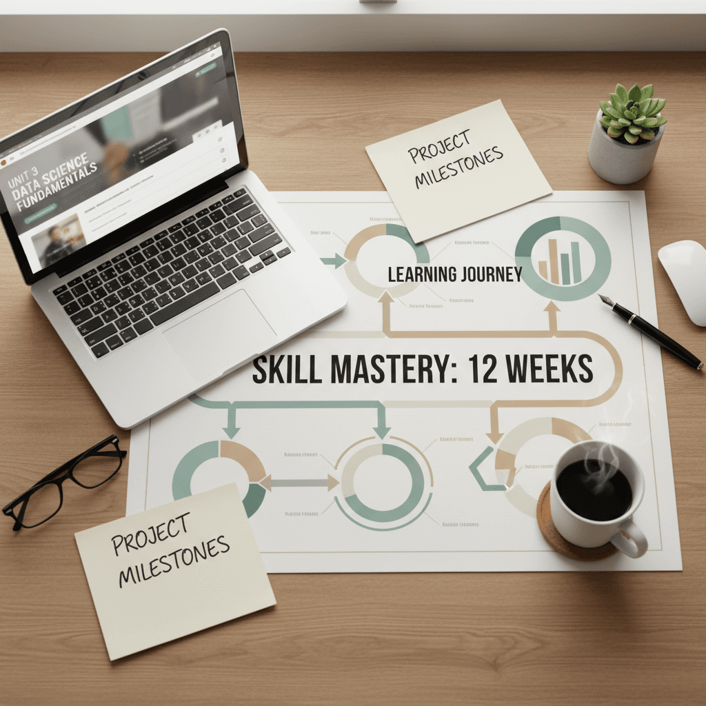 Personalized learning materials and roadmap laid out on a workspace