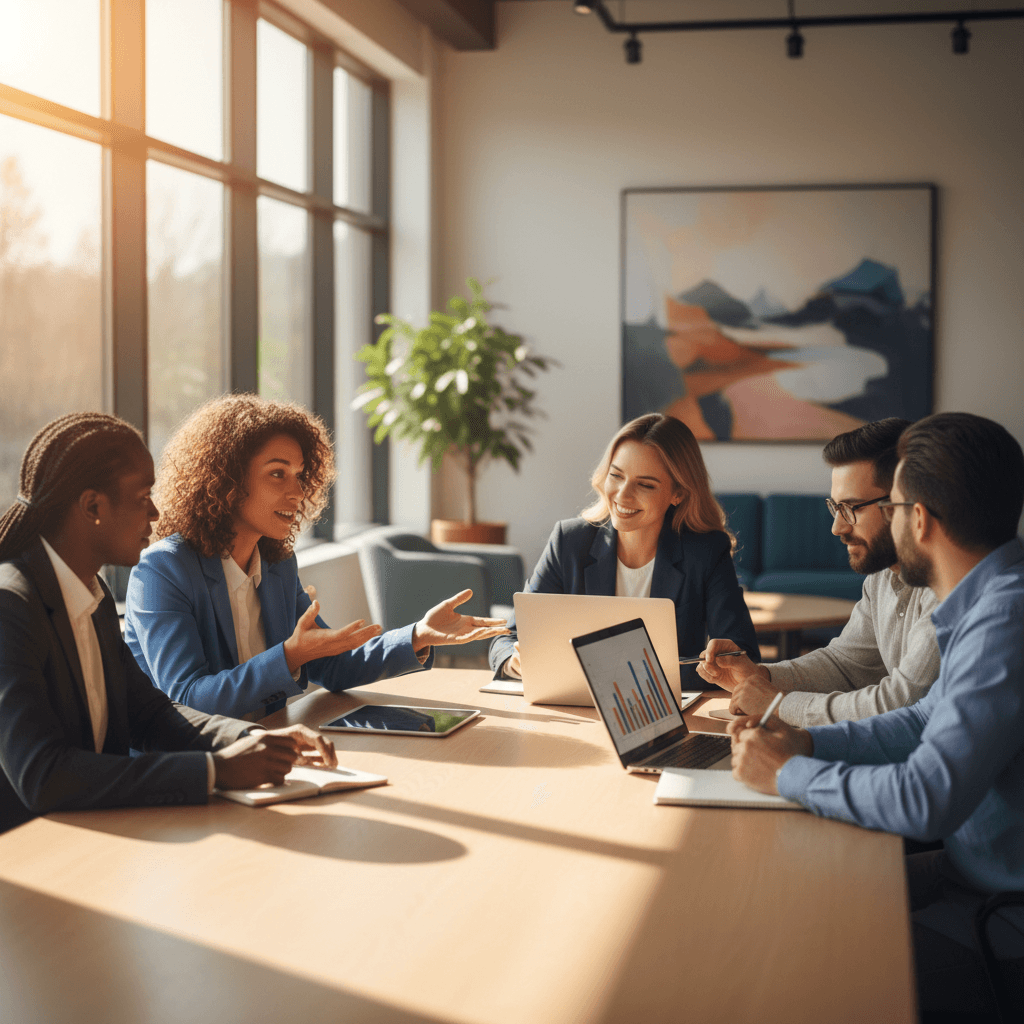Diverse business team collaborating during an AI workshop discussion