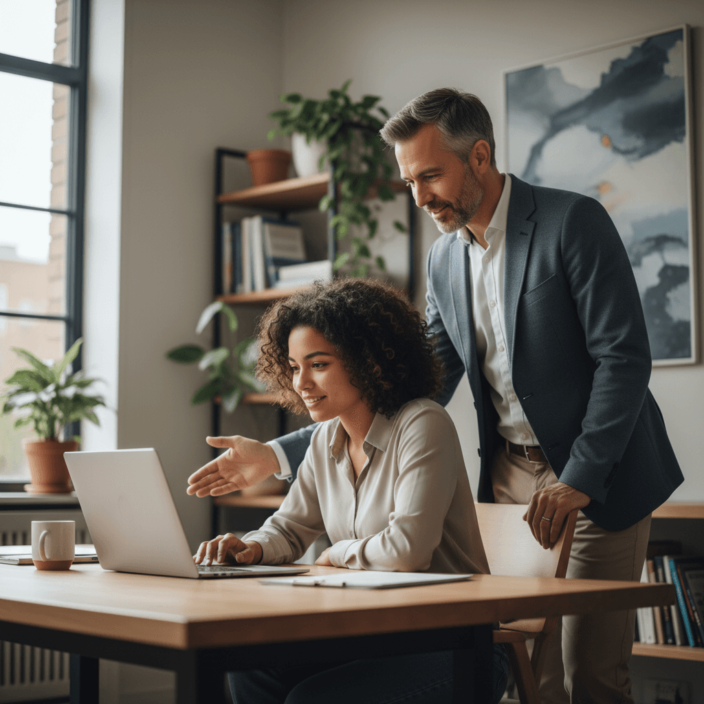 One-on-one guidance session between educator and learner discussing AI concepts