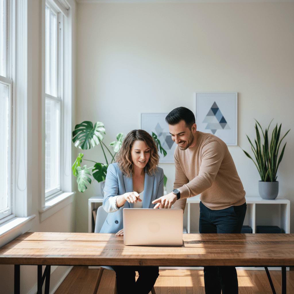 Workshop participants discussing AI applications on laptop