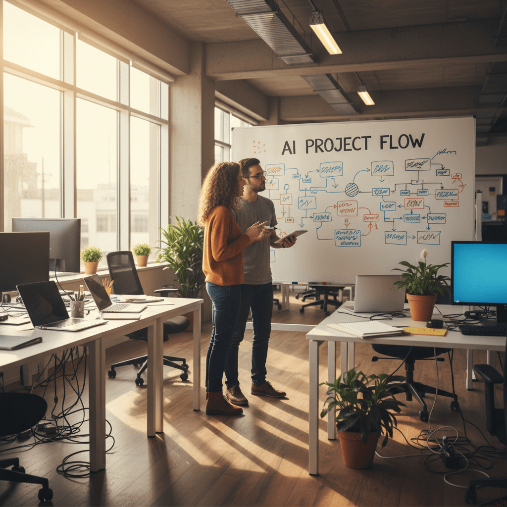 Colleagues collaborating on AI project at whiteboard