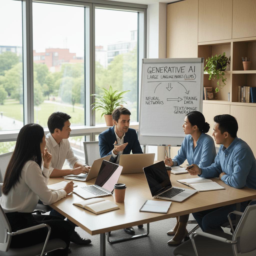 Diverse group discussing AI concepts in a bright, modern classroom