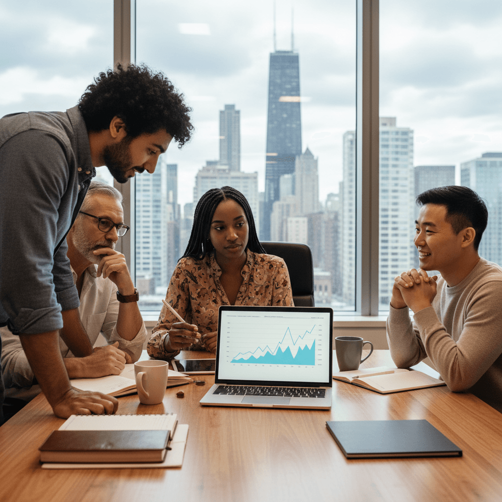 Group of diverse learners engaged in a hands-on AI workshop around a laptop