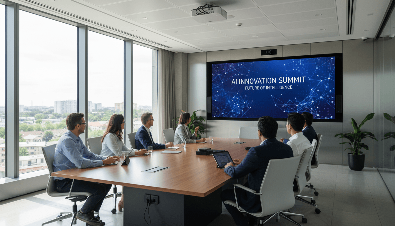 Diverse group in modern conference room with AI presentation on screen.