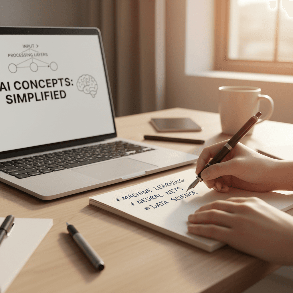 Student taking notes while learning AI concepts